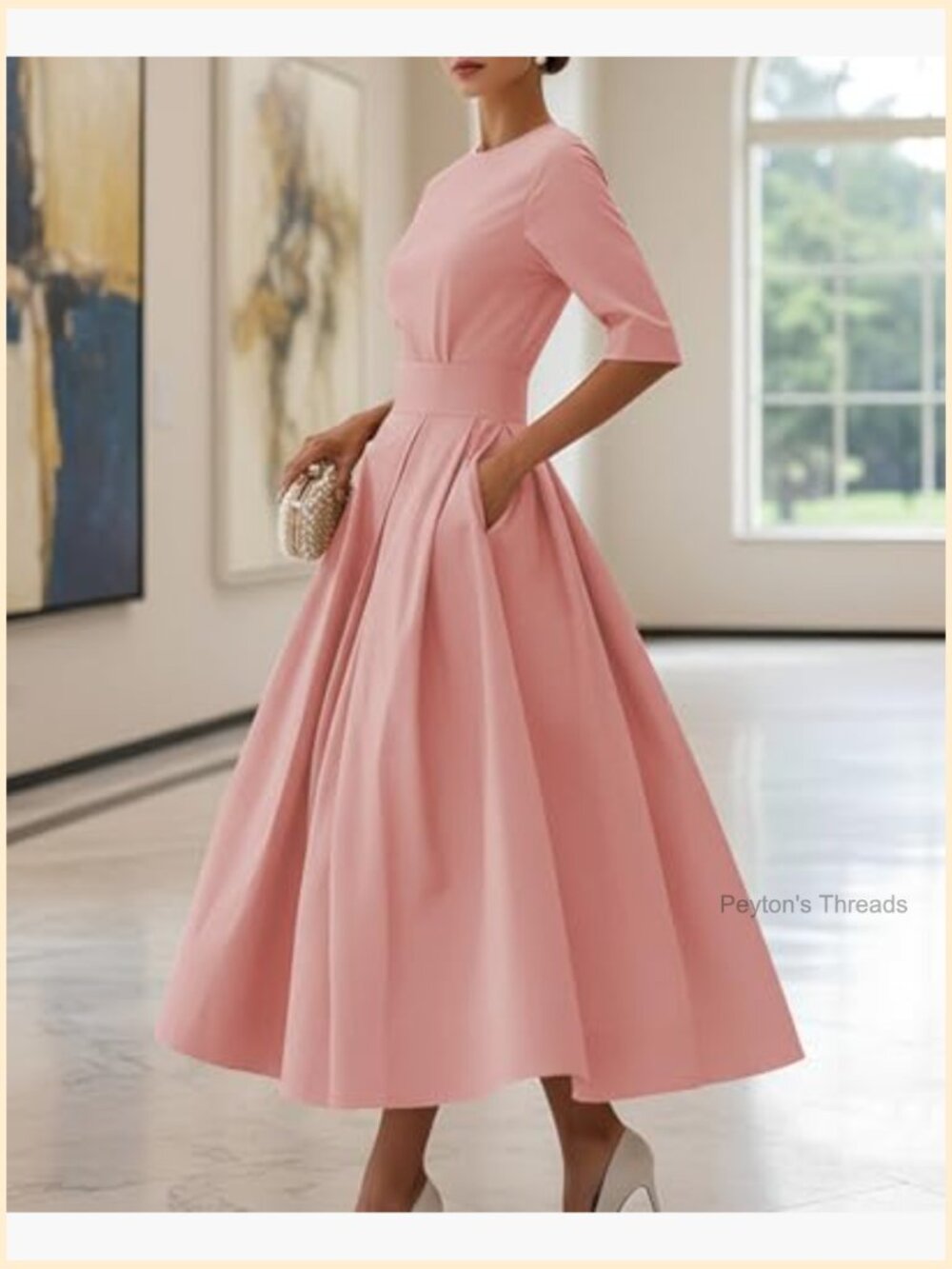 Pleated Cocktail Dress 1950s 3/4 Sleeve Round Neck A-Line Swing Maxi Dress - Picture 3 of 6